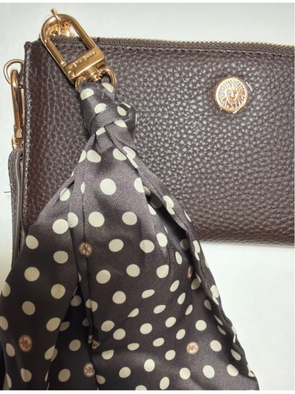 Women's Anne Klein Pebbled Brown Wristlet Wallet With Polka Dot Scarf NWOT